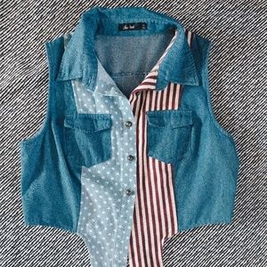 Vintage USA Flag Denim Tie Crop Top Vest